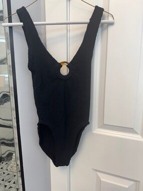Hunza G Black Textured One-Piece with Gold Ring Accent